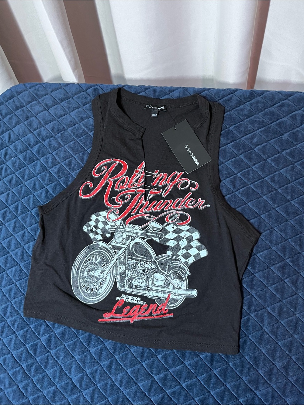 Fashion Nova Black 'Rolling Thunder' Graphic Tank with Red & White Accents